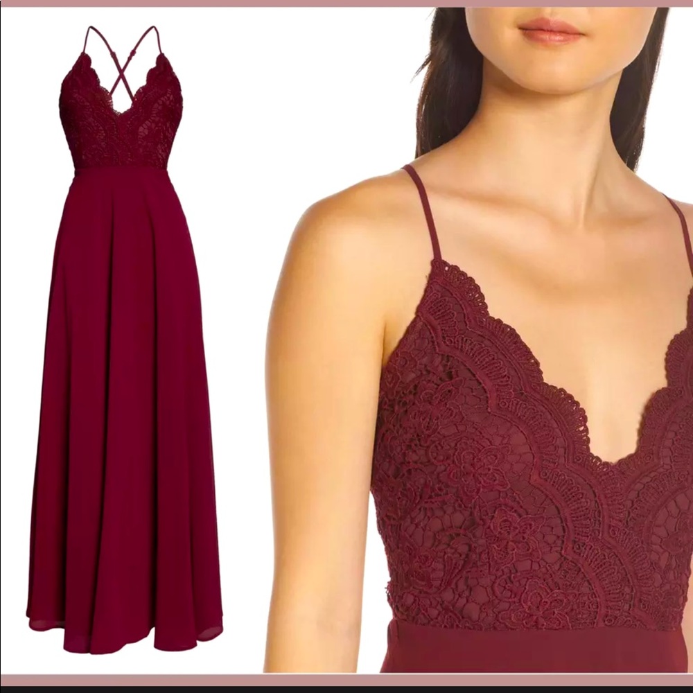 Spaghetti Strap Lace Bodice Maxi Dress in Burgundy